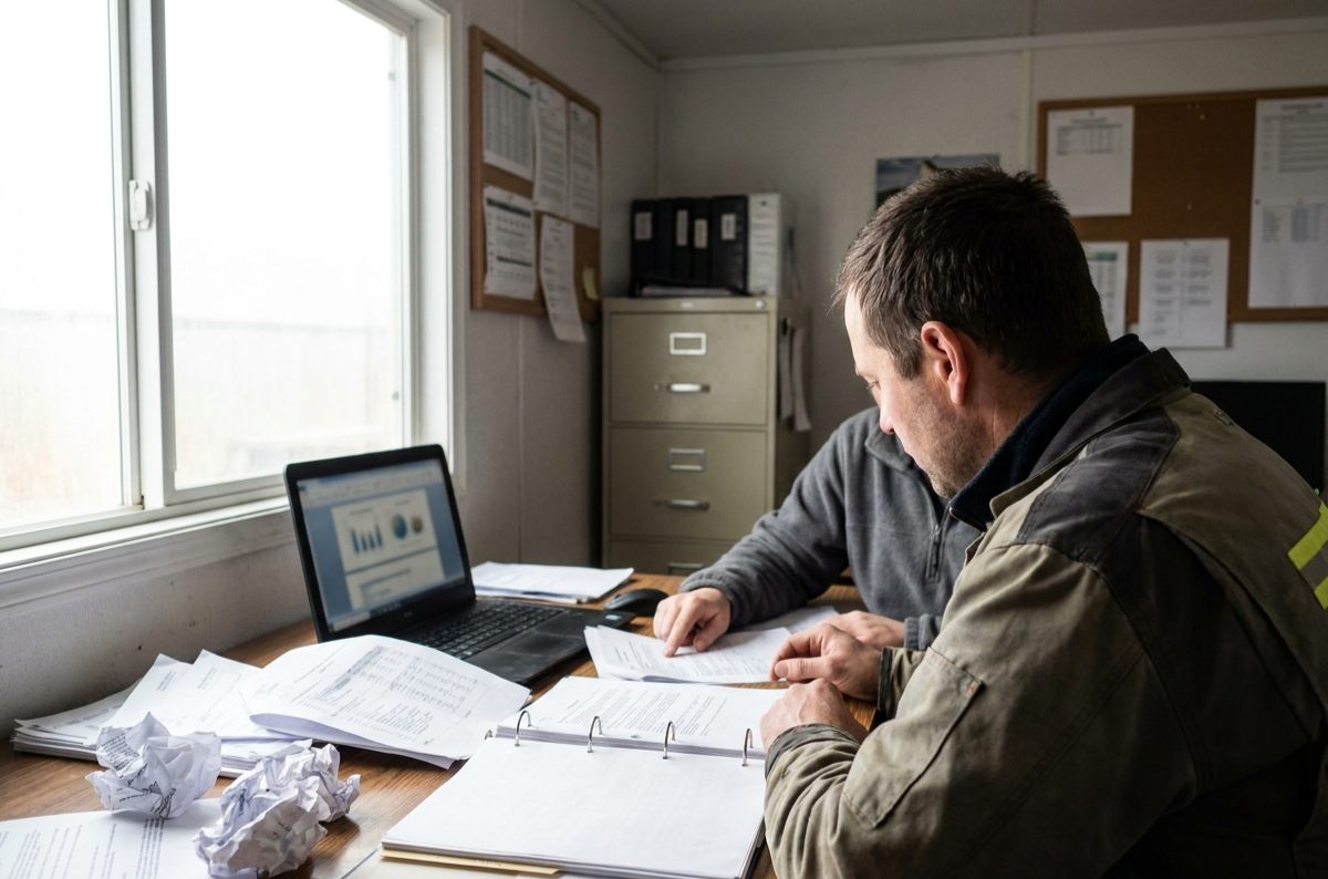 Staff sorting through paper reports and spreadsheets in a shop office