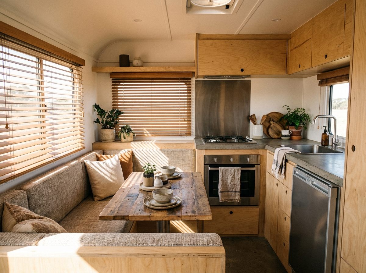 Modern travel trailer interior with dinette and kitchen