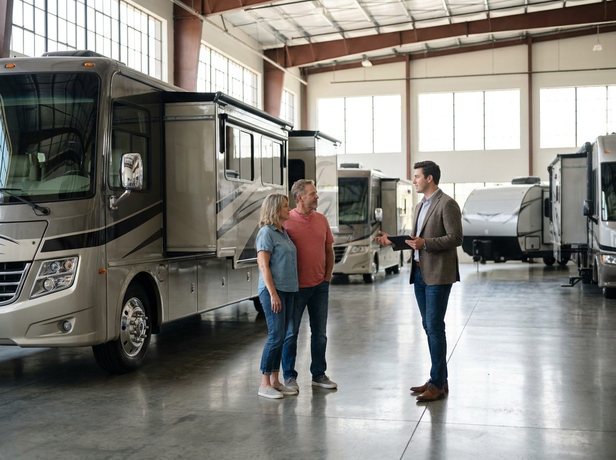 Salesperson walking a couple through a motorhome on the showroom floor